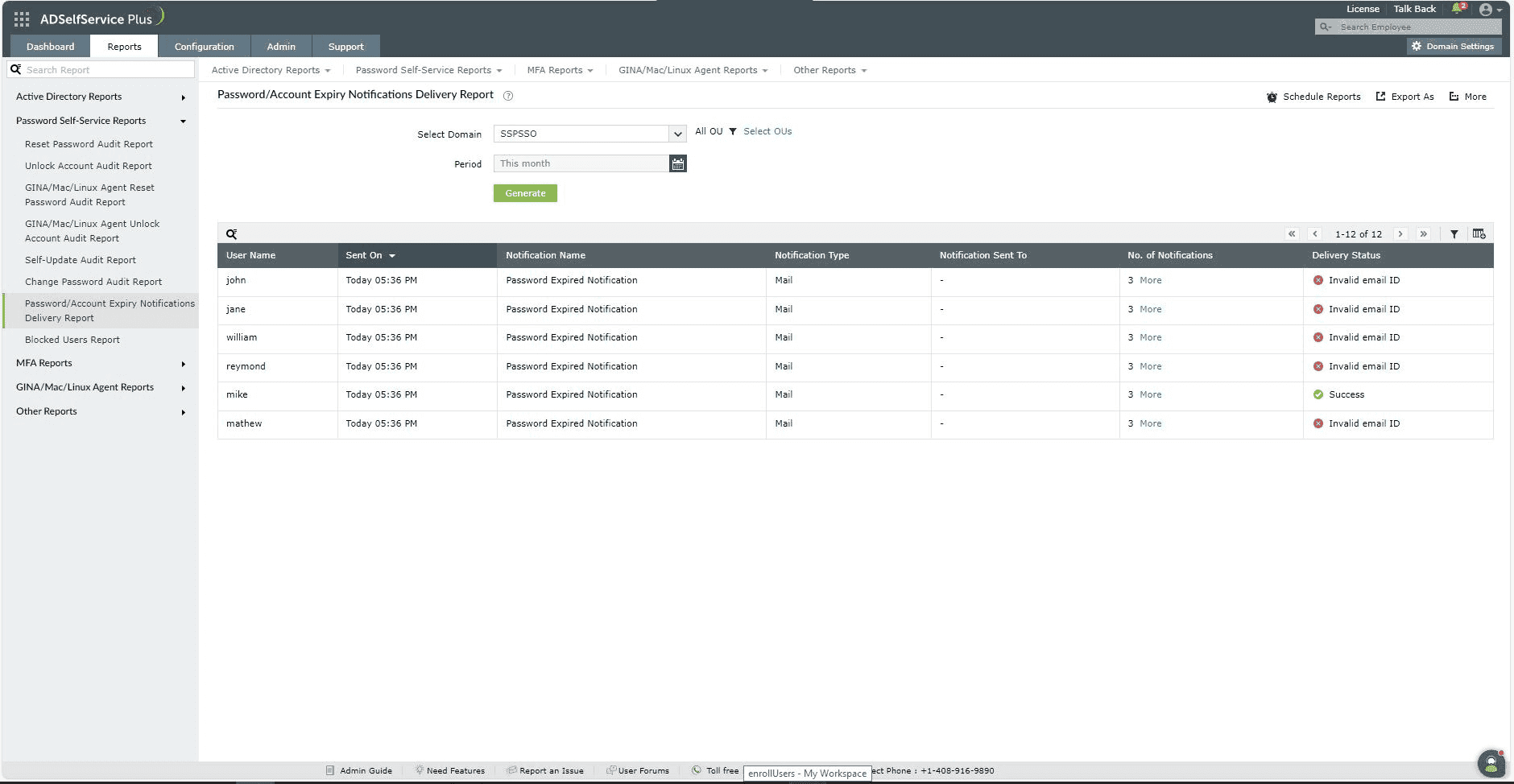 An image showing the Password/Account Expiry Notifications Delivery Report in ADSelfService Plus